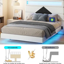 Lit double rembourré, 140 x 190 cm, avec éclairage LED, tête de lit avec station de charge USB,sans matelas>Fortuna lai Discount