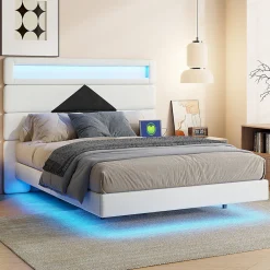 Lit double rembourré, 140 x 190 cm, avec éclairage LED, tête de lit avec station de charge USB,sans matelas><noscript><img width=