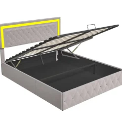 Fortuna lai Lit double rembourré, 160 x 200 cm, LED, hydraulique, avec espace de rangement et sommier à lattes, velours beige* Lit Coffre