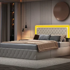 Fortuna lai Lit double rembourré, 160 x 200 cm, LED, hydraulique, avec espace de rangement et sommier à lattes, velours beige* Lit Coffre
