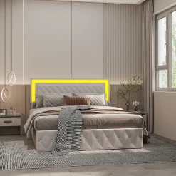 Fortuna lai Lit double rembourré, 160 x 200 cm, LED, hydraulique, avec espace de rangement et sommier à lattes, velours beige* Lit Coffre