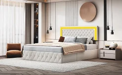 Fortuna lai Lit double rembourré, 160 x 200 cm, LED, hydraulique, avec espace de rangement et sommier à lattes, velours beige* Lit Coffre