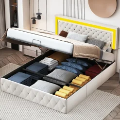 Fortuna lai Lit double rembourré, 160 x 200 cm, LED, hydraulique, avec espace de rangement et sommier à lattes, velours beige* Lit Coffre