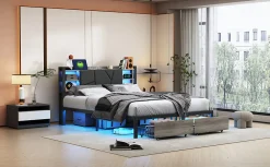 Lit Double Rembourré 160 X 200 Cm Avec Éclairage LED, Port USB Et Rangements, Cadre De Lit En Métal>Fortuna lai