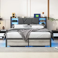 Lit Double Rembourré 160 X 200 Cm Avec Éclairage LED, Port USB Et Rangements, Cadre De Lit En Métal><noscript><img width=