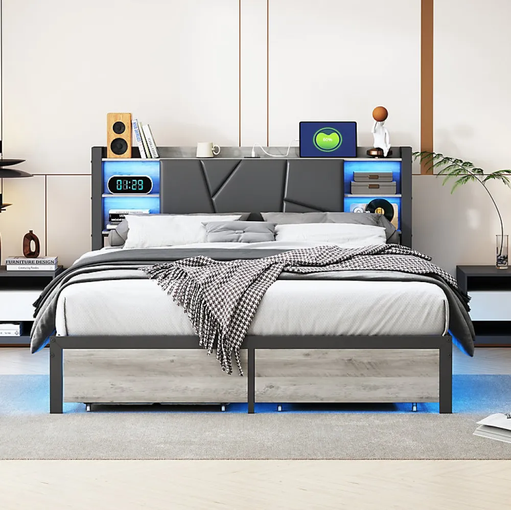 Lit Double Rembourré 160 X 200 Cm Avec Éclairage LED, Port USB Et Rangements, Cadre De Lit En Métal>Fortuna lai