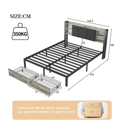Lit Double Rembourré 160 X 200 Cm Avec Éclairage LED, Port USB Et Rangements, Cadre De Lit En Métal><noscript><img width=