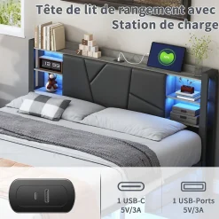 Lit Double Rembourré 160 X 200 Cm Avec Éclairage LED, Port USB Et Rangements, Cadre De Lit En Métal><noscript><img width=