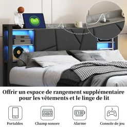 Lit Double Rembourré 160 X 200 Cm Avec Éclairage LED, Port USB Et Rangements, Cadre De Lit En Métal><noscript><img width=