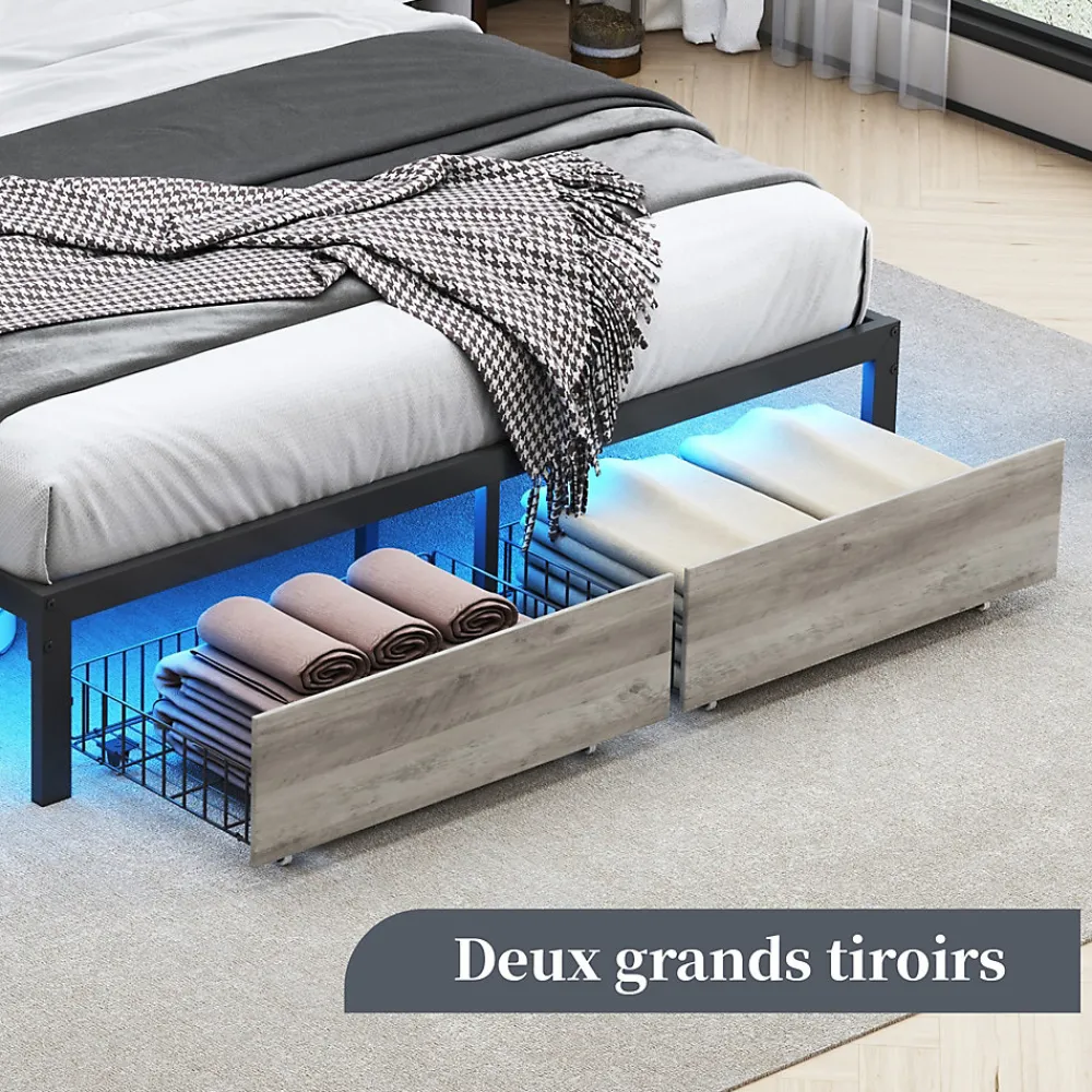 Lit Double Rembourré 160 X 200 Cm Avec Éclairage LED, Port USB Et Rangements, Cadre De Lit En Métal>Fortuna lai