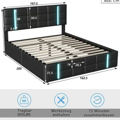 Lit Double Rembourré 140 X 200 Cm, Avec LED, Cadre De Lit Avec Cadre Et Sommier à Lattes, Pu, Noir><noscript><img width=