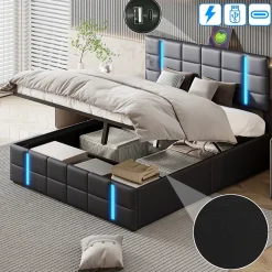 Lit Double Rembourré 140 X 200 Cm, Avec LED, Cadre De Lit Avec Cadre Et Sommier à Lattes, Pu, Noir><noscript><img width=