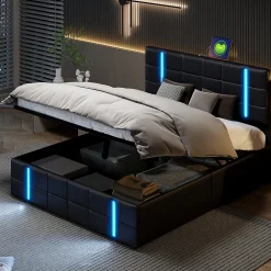 Lit Double Rembourré 140 X 200 Cm, Avec LED, Cadre De Lit Avec Cadre Et Sommier à Lattes, Pu, Noir><noscript><img width=