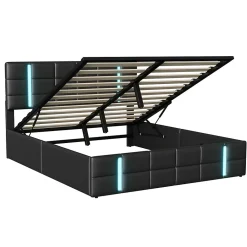 Lit Double Rembourré 140 X 200 Cm, Avec LED, Cadre De Lit Avec Cadre Et Sommier à Lattes, Pu, Noir><noscript><img width=