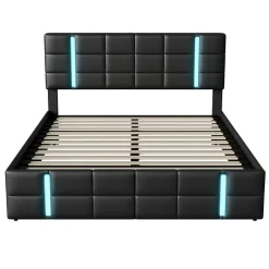 Lit Double Rembourré 140 X 200 Cm, Avec LED, Cadre De Lit Avec Cadre Et Sommier à Lattes, Pu, Noir><noscript><img width=