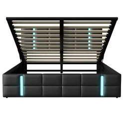 Lit Double Rembourré 140 X 200 Cm, Avec LED, Cadre De Lit Avec Cadre Et Sommier à Lattes, Pu, Noir><noscript><img width=