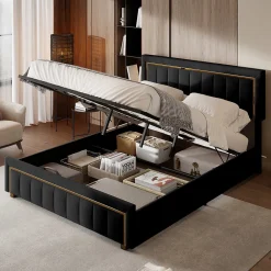 lit double rembourré 160 x 200,lit coffre avec sommier,lit adulte 160 x 200 avec levier hydraulique,velours,noir>Generique Hot
