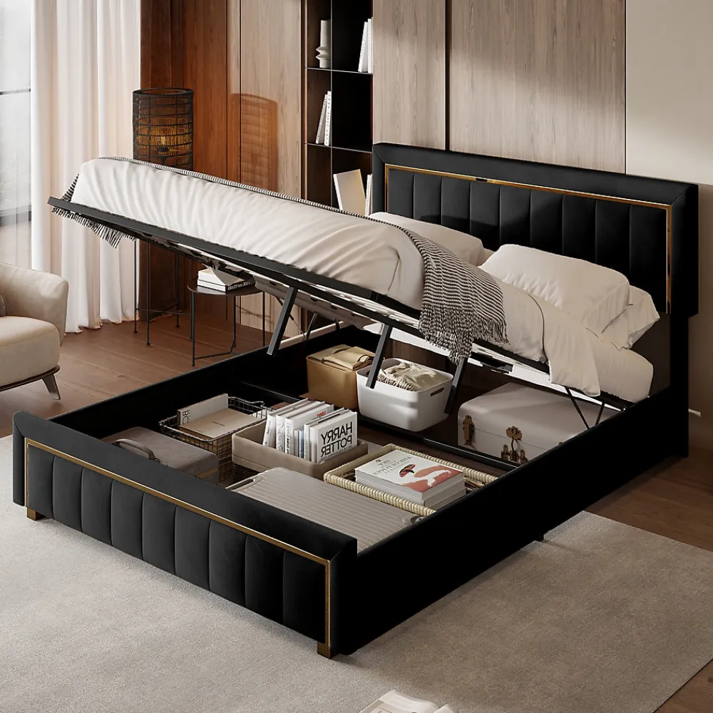 lit double rembourré 160 x 200,lit coffre avec sommier,lit adulte 160 x 200 avec levier hydraulique,velours,noir>Generique Hot