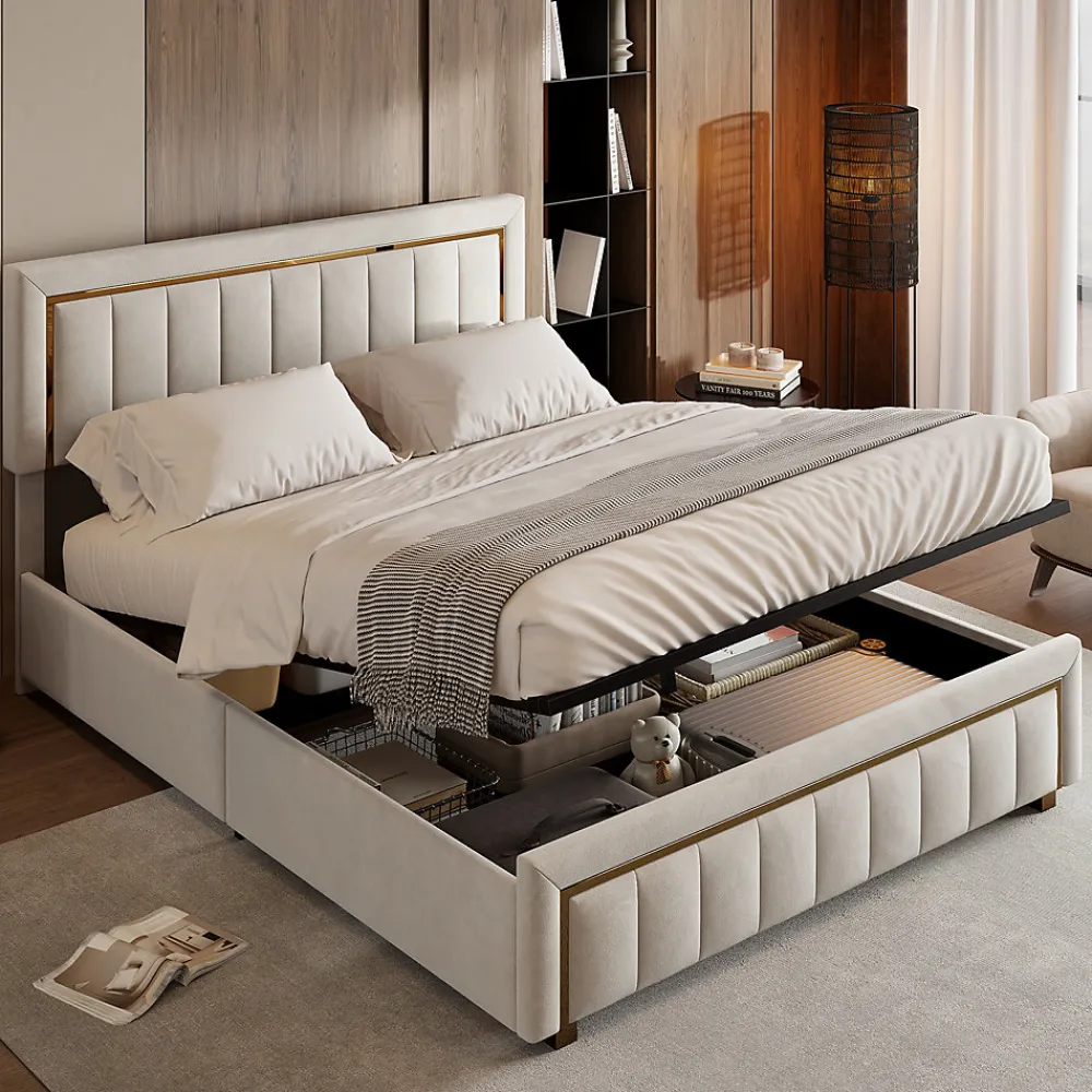 lit double rembourré 160 x 200,lit coffre avec sommier,lit adulte 160 x 200 avec levier hydraulique,velours,beige>Simple Life