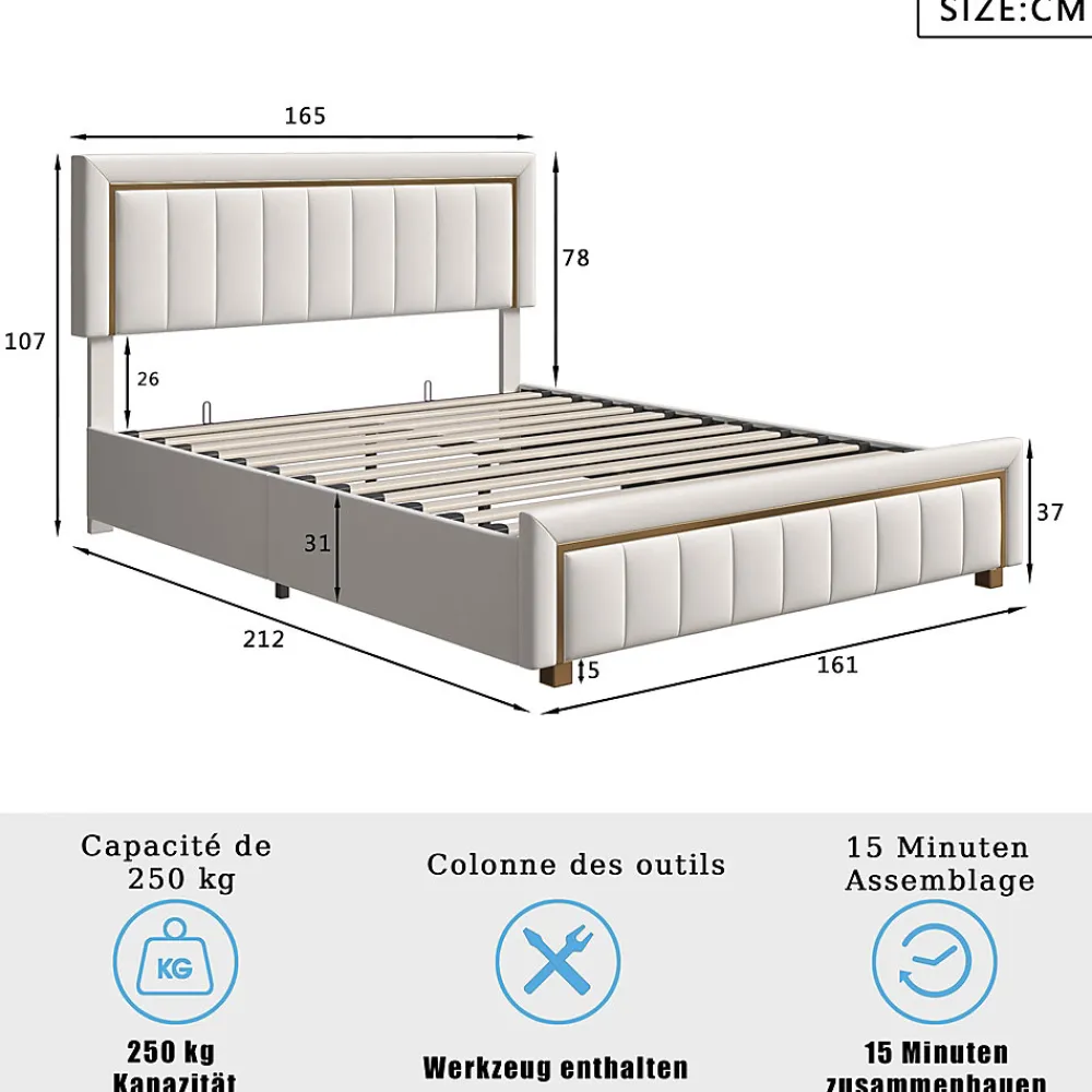 lit double rembourré 160 x 200,lit coffre avec sommier,lit adulte 160 x 200 avec levier hydraulique,velours,beige>Simple Life