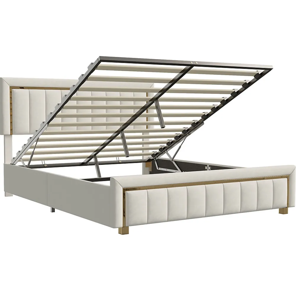 lit double rembourré 160 x 200,lit coffre avec sommier,lit adulte 160 x 200 avec levier hydraulique,velours,beige>Simple Life
