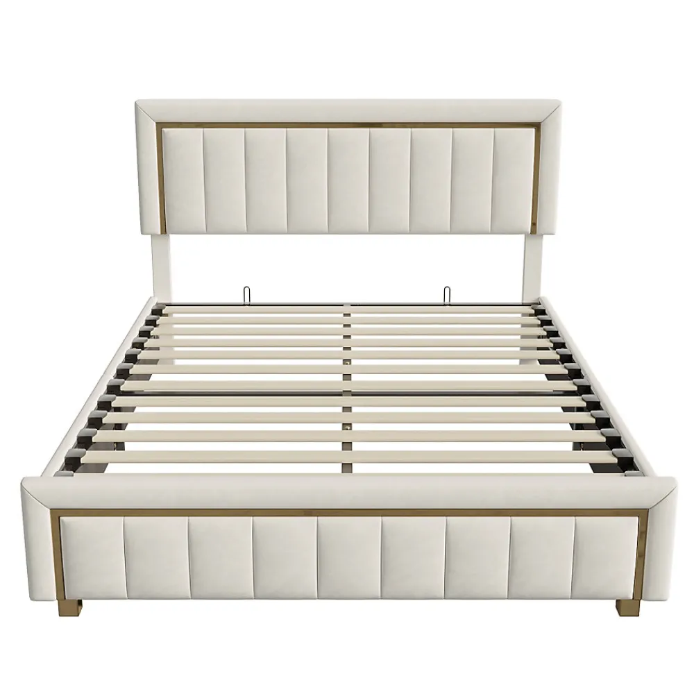 lit double rembourré 160 x 200,lit coffre avec sommier,lit adulte 160 x 200 avec levier hydraulique,velours,beige>Simple Life