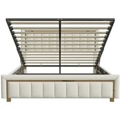 lit double rembourré 160 x 200,lit coffre avec sommier,lit adulte 160 x 200 avec levier hydraulique,velours,beige><noscript><img width=