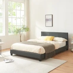 Corium Lit Double Rembourré Albacete Sommier à Lattes Similicuir 140 x 200 cm Gris Foncé* Lit Double