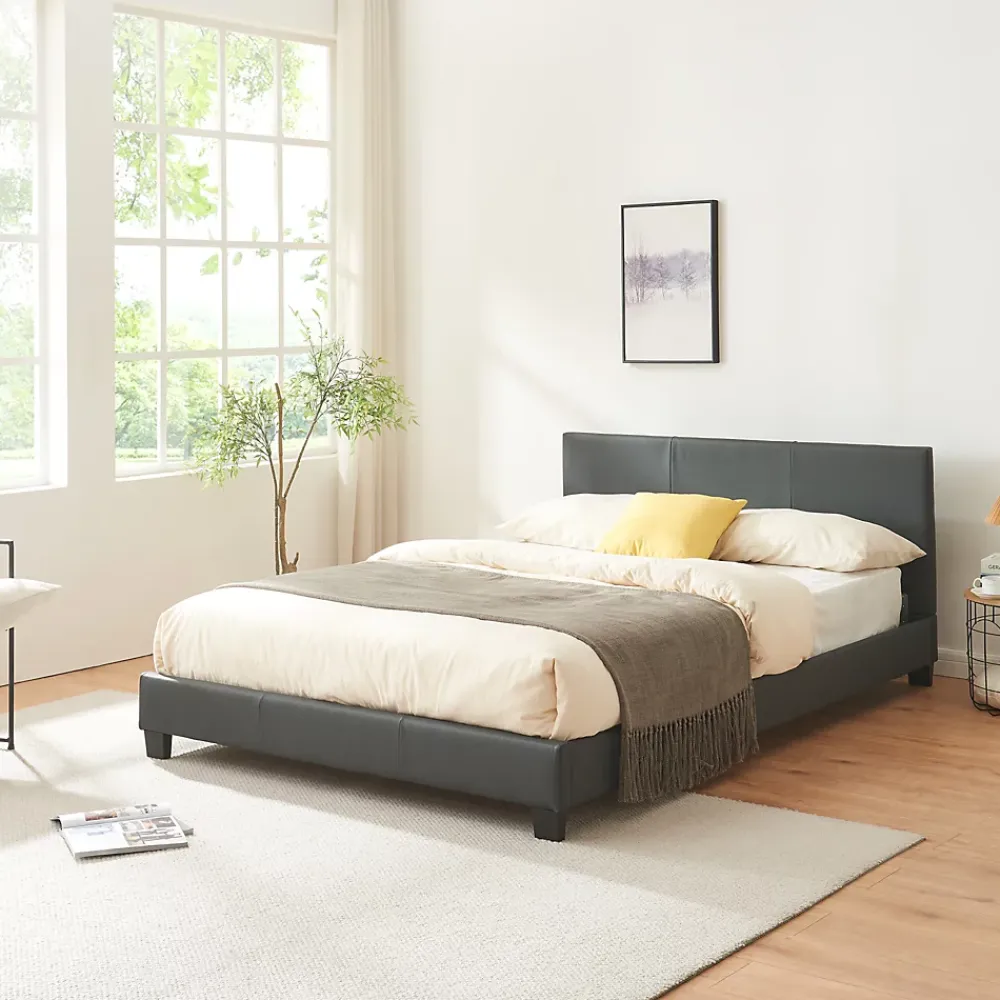 Corium Lit Double Rembourré Albacete Sommier à Lattes Similicuir 140 x 200 cm Gris Foncé* Lit Double