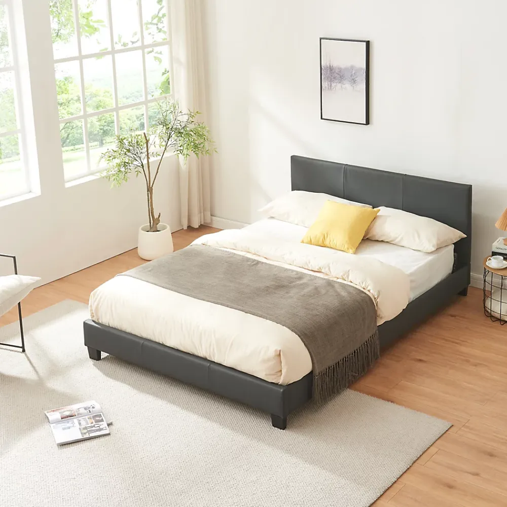 Corium Lit Double Rembourré Albacete Sommier à Lattes Similicuir 140 x 200 cm Gris Foncé* Lit Double