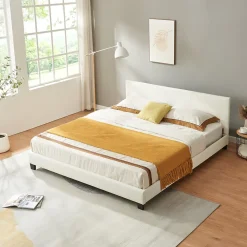 Corium Lit Double Rembourré Albacete Sommier à Lattes Housse Similicuir 180 x 200 cm Blanc* Lit Double