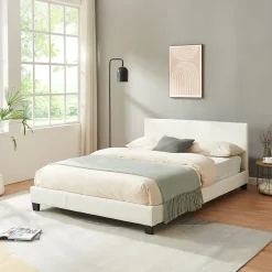 Lit Double Rembourré Albacete Sommier à Lattes Similicuir 140 x 200 cm Blanc>Corium Outlet