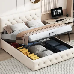 Fortuna lai Lit Double Rembourré Avec Tête De Lit Et Sommier à Lattes En Velours,140x200 Cm,avec Rangement,beige* Lit Coffre