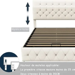 Fortuna lai Lit Double Rembourré Avec Tête De Lit Et Sommier à Lattes En Velours,140x200 Cm,avec Rangement,beige* Lit Coffre