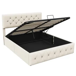 Fortuna lai Lit Double Rembourré Avec Tête De Lit Et Sommier à Lattes En Velours,140x200 Cm,avec Rangement,beige* Lit Coffre