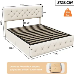 Fortuna lai Lit Double Rembourré Avec Tête De Lit Et Sommier à Lattes En Velours,140x200 Cm,avec Rangement,beige* Lit Coffre