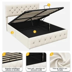Fortuna lai Lit Double Rembourré Avec Tête De Lit Et Sommier à Lattes En Velours,140x200 Cm,avec Rangement,beige* Lit Coffre