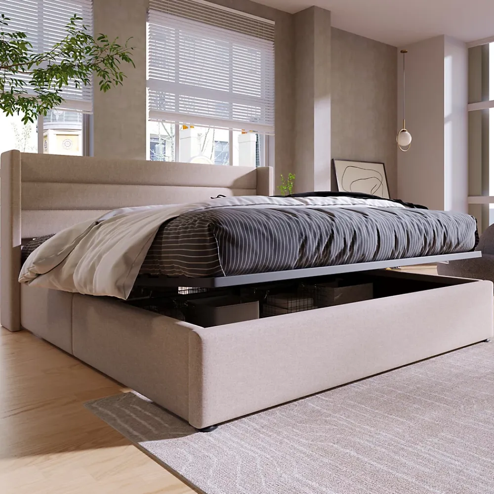 Simple Life Lit Double Rembourré Hydraulique Lit De Rangement, Sommier à Lattes En Bois,beige, 180x200 Cm* Lit Coffre