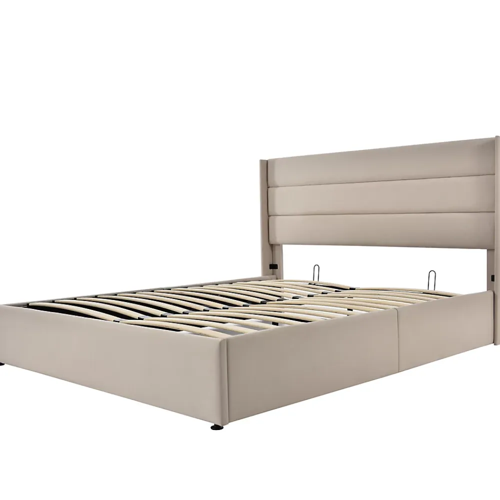 Simple Life Lit Double Rembourré Hydraulique Lit De Rangement, Sommier à Lattes En Bois,beige, 180x200 Cm* Lit Coffre