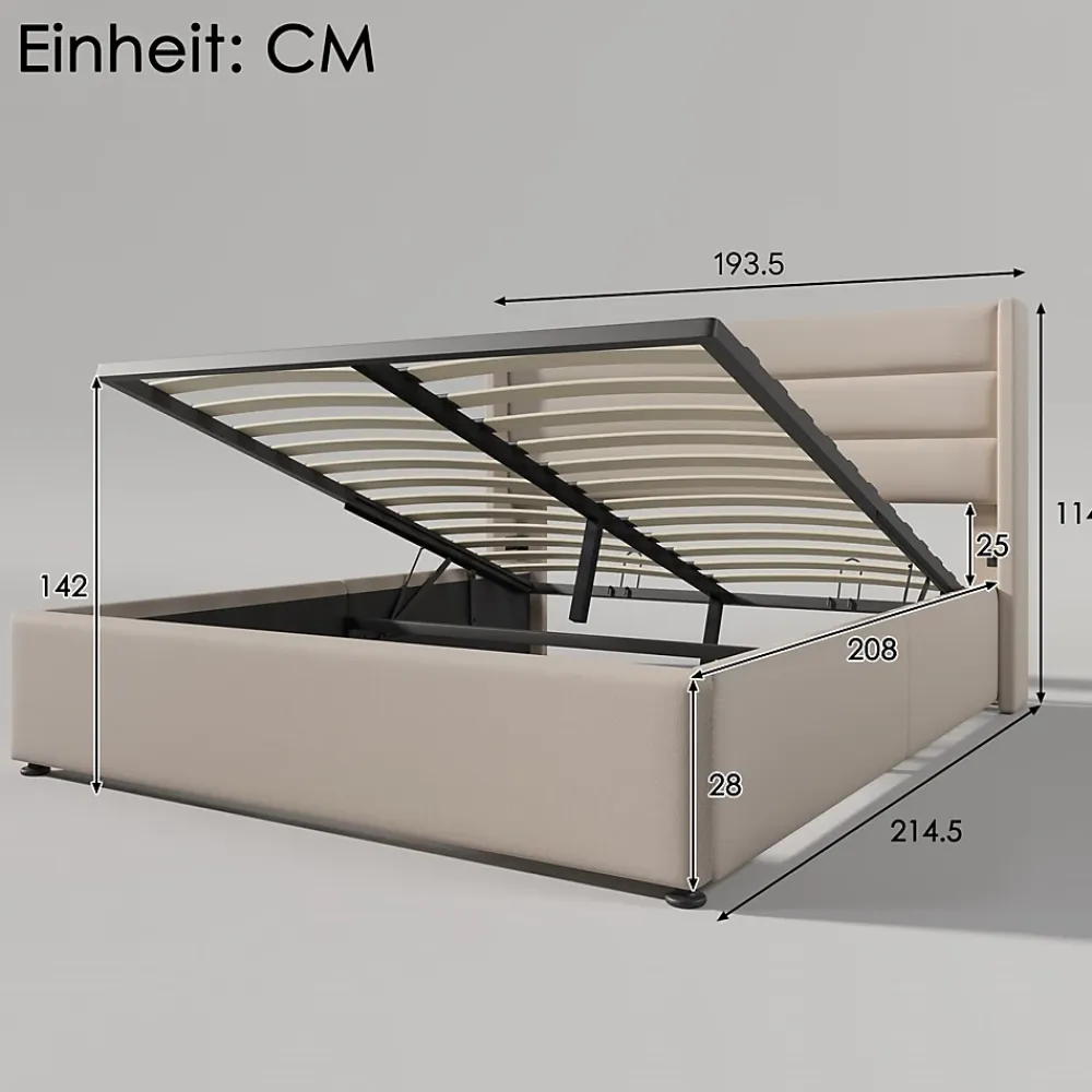 Simple Life Lit Double Rembourré Hydraulique Lit De Rangement, Sommier à Lattes En Bois,beige, 180x200 Cm* Lit Coffre