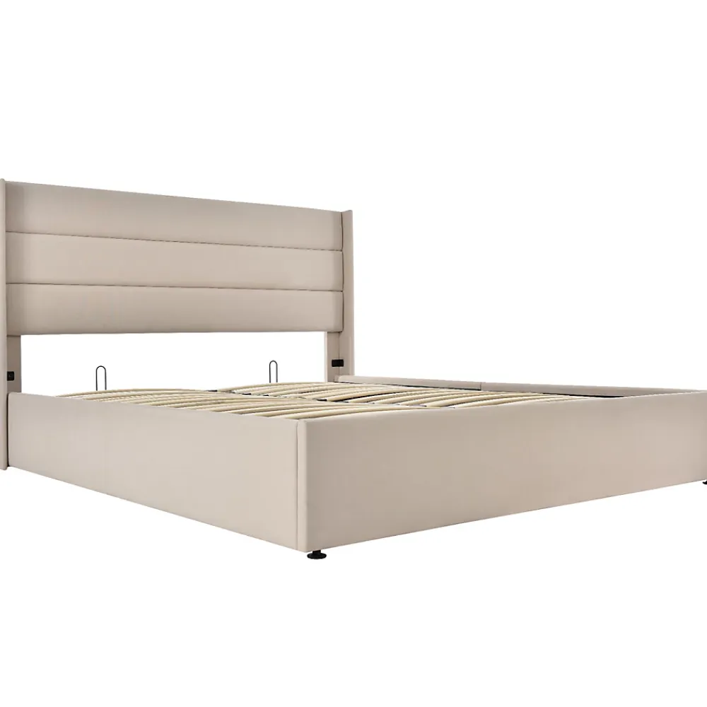Simple Life Lit Double Rembourré Hydraulique Lit De Rangement, Sommier à Lattes En Bois,beige, 180x200 Cm* Lit Coffre