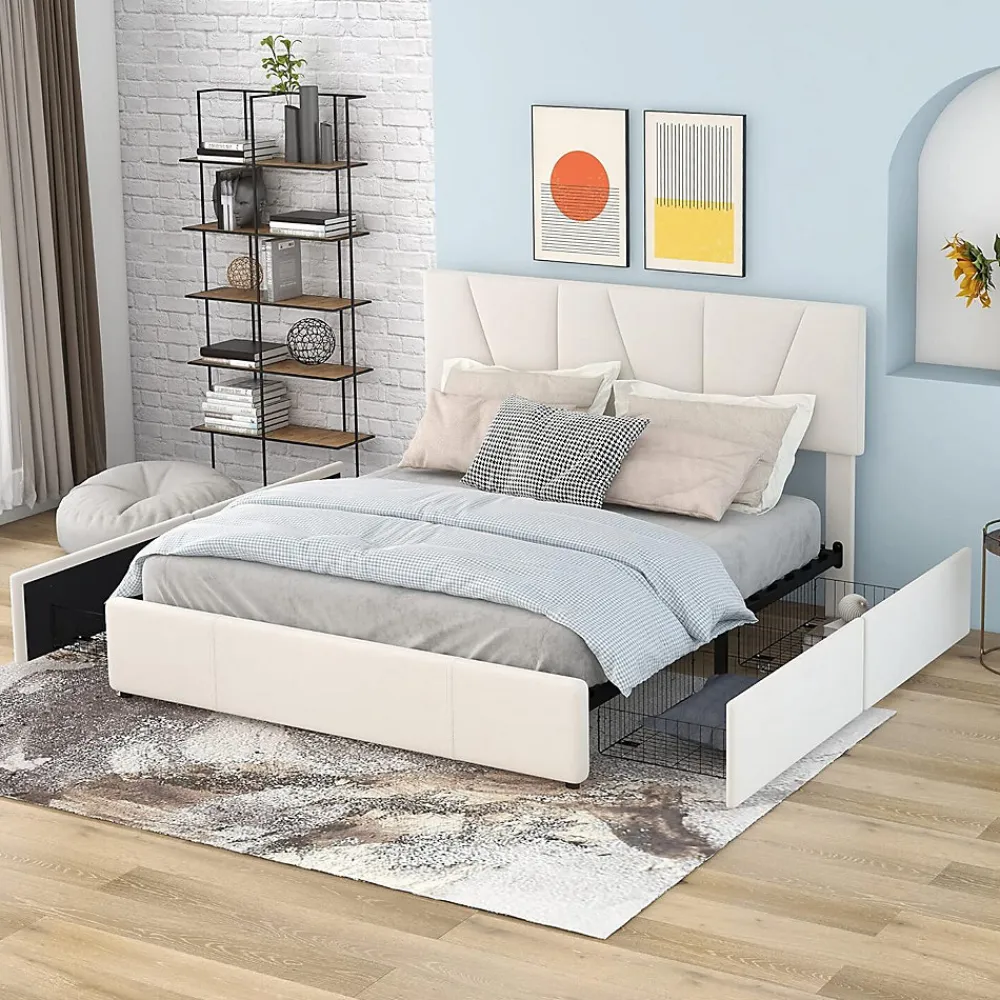 Nature Pro Lit Double Rembourré Velours 140x200cm Beige + Sommier à Lattes avec Cadre de lit Métal + Tête Réglable Chambre* Sommier