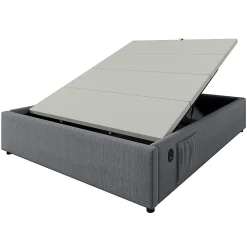 Lit double rembourré 140x200 cm, Lit de rangement Cadre de lit avec USB- C, Sans tête de lit, Coton, Gris,Sans matelas><noscript><img width=
