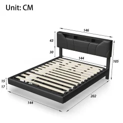 Simple Life Lit double rembourré 140x200 cm, USB, LED, cadre avec tête de lit, rangement, coffre, polyuréthane gris.* Lit Coffre