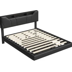 Simple Life Lit double rembourré 140x200 cm, USB, LED, cadre avec tête de lit, rangement, coffre, polyuréthane gris.* Lit Coffre