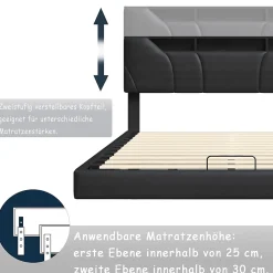 Simple Life Lit double rembourré 140x200 cm, USB, LED, cadre avec tête de lit, rangement, coffre, polyuréthane gris.* Lit Coffre