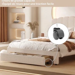 Simple Life Lit double rembourré 160x200cm avec USB et grand tiroirs - tissu en sherpa - Beige* Lit Coffre