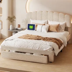 Simple Life Lit double rembourré 160x200cm avec USB et grand tiroirs - tissu en sherpa - Beige* Lit Coffre