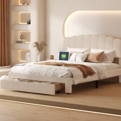 Simple Life Lit double rembourré 160x200cm avec USB et grand tiroirs - tissu en sherpa - Beige* Lit Coffre