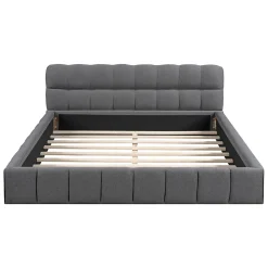 Lit double rembourré 140x190cm, avec dossier souple, lit plat avec encadrement rembourré et sommier à lattes, lin, gris>Gutent New